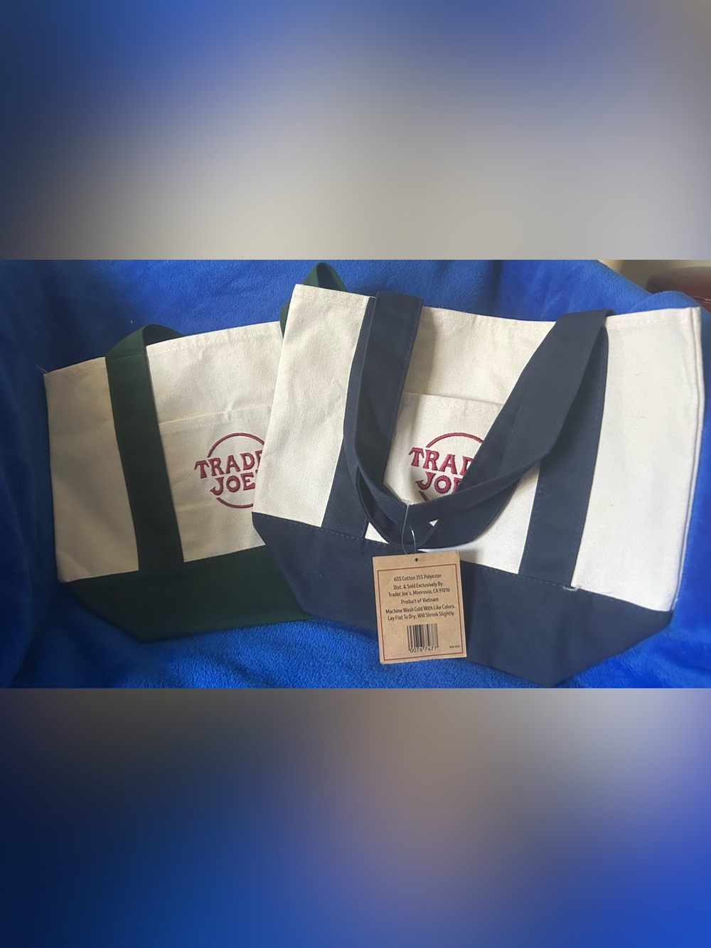 Trader Joe's Canvas Mini Tote Bags in dark green and navy blue!